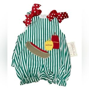 Vintage Playful Green Striped Kids Bodysuit with Red Accents